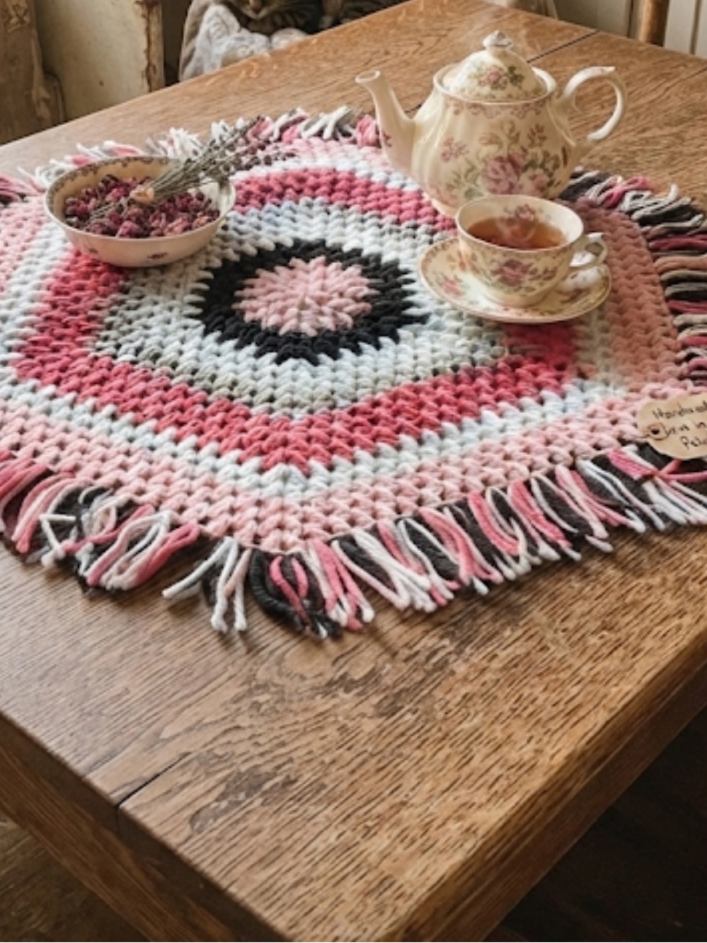 Handmade Hexagon Crochet Rug /Table Topper - Pink, Gray, Black, White